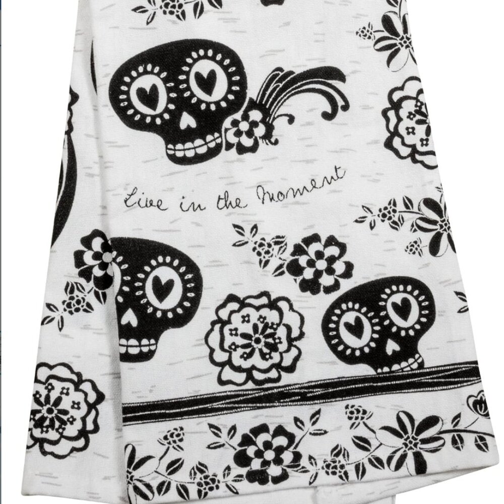 Boho Sugar Skull Tea Towel Set, Black & White Cotton Kitchen Hand Towel Home Dec